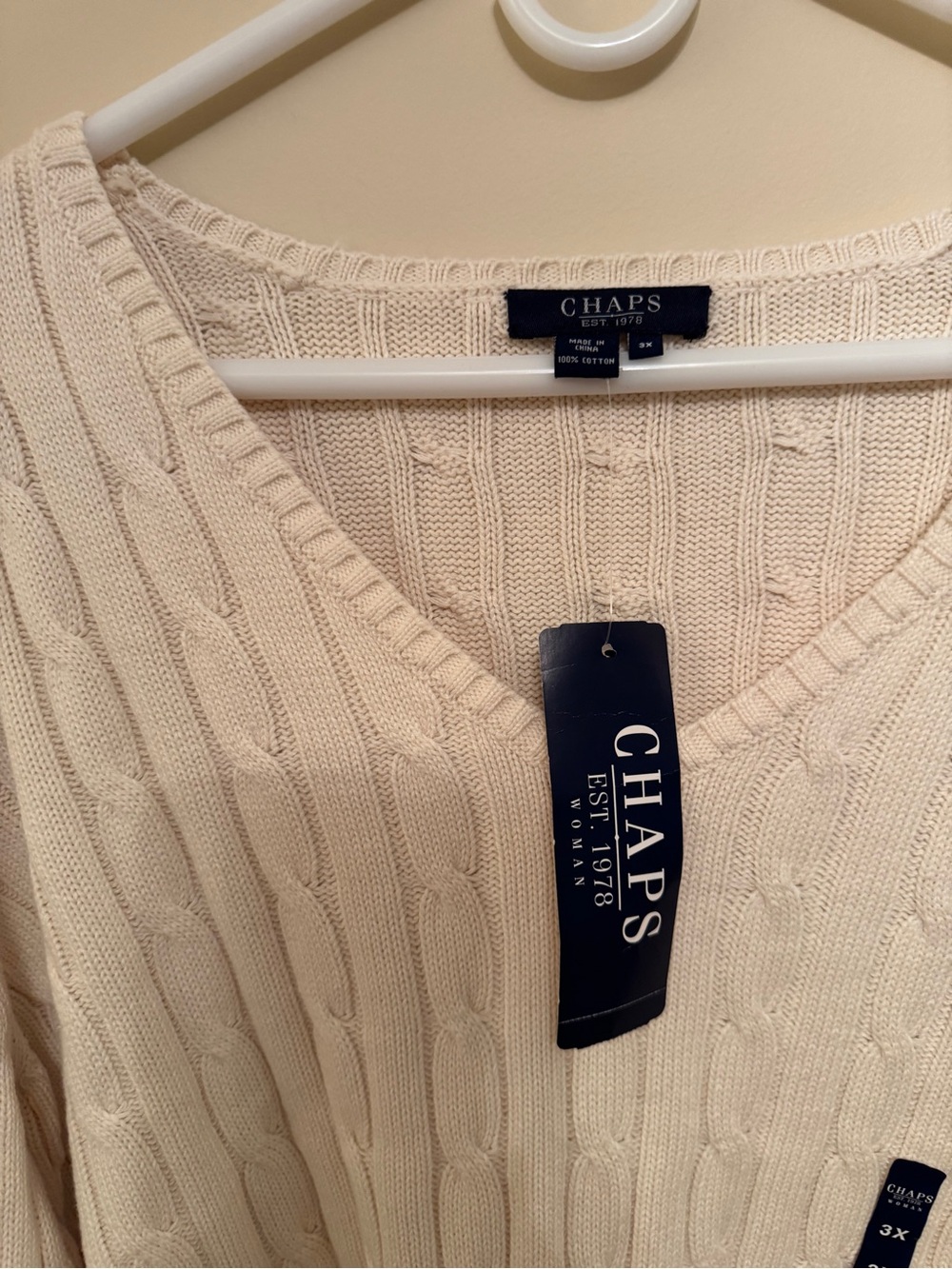Chaps Cream Cable Knit V-Neck Sweater Plus Size 3X NWT - Picture 4 of 9